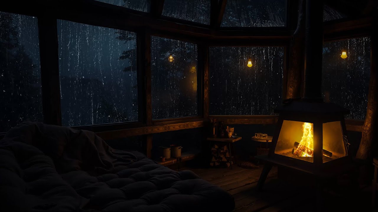 Rain on Cabin Roof at Night | Fireplace Sounds and Rainfall for Calm & Deep Sleep