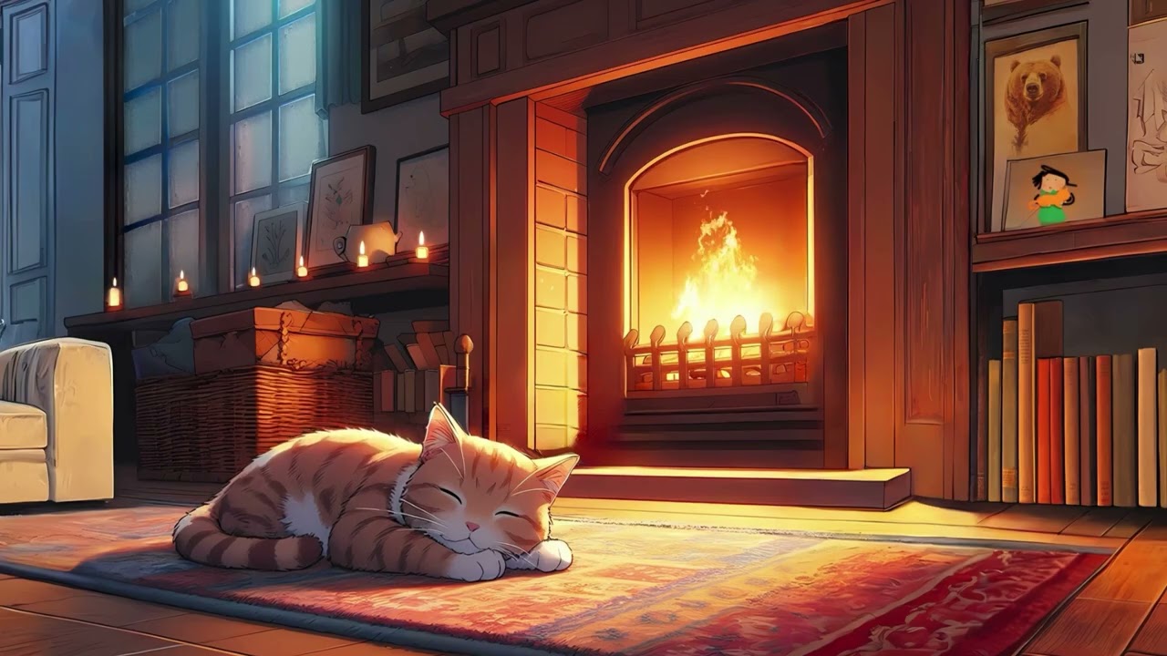 Evening jazz by the fireplace with the company of a cute cat.