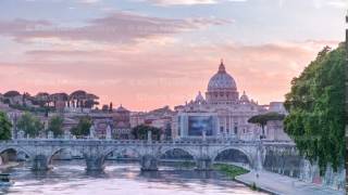 Rome, Italy: St. Peter's Basilica, Saint Angelo Bridge and Tiber River in the sunset timelapse