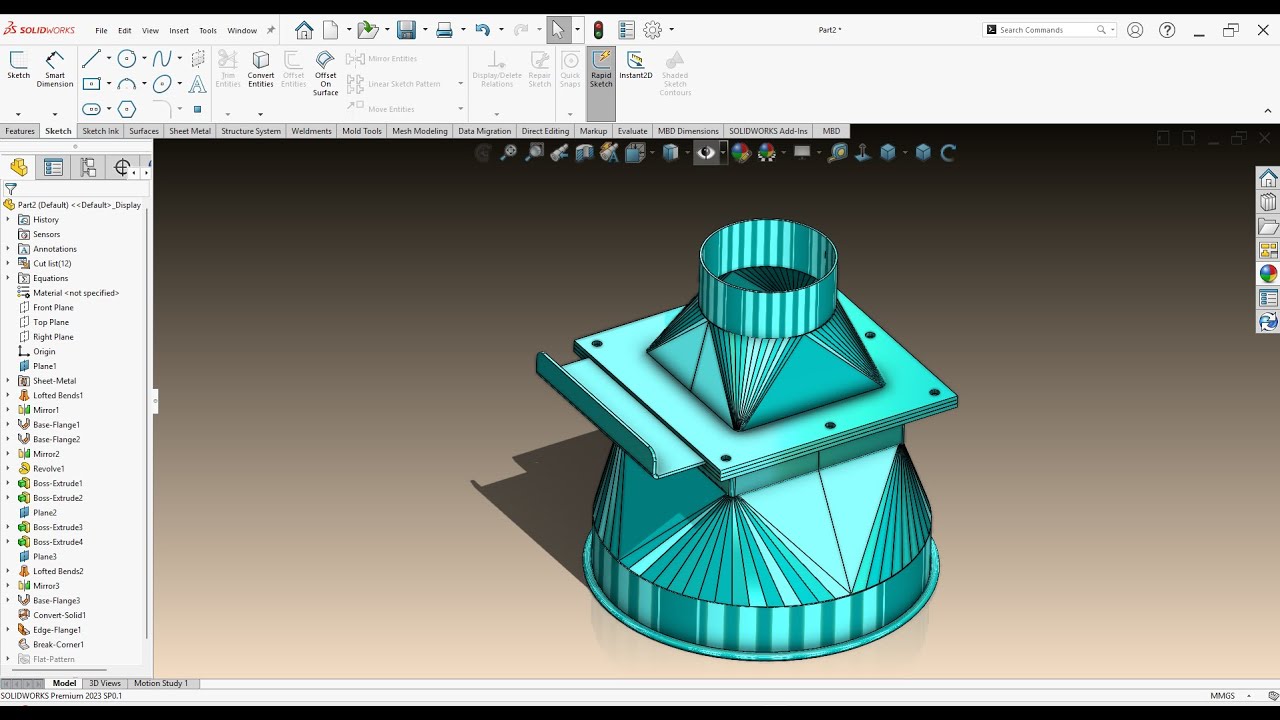 BAGGING CONE INLATE DIA 120 OUTLAT DIA 300 2 MM THK  Solidworks Design  in Sheet Metal