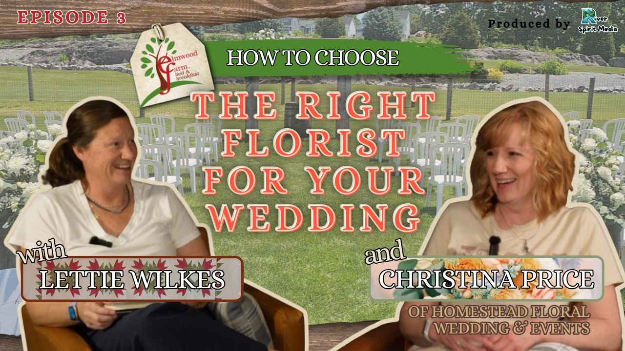 wedding planning podcast thumbnail of wedding coordinator Lettie Wilkes and florist Christina Price with an outdoor wedding ceremony setup in the background title "How to Choose the Right Florist for Your Wedding"