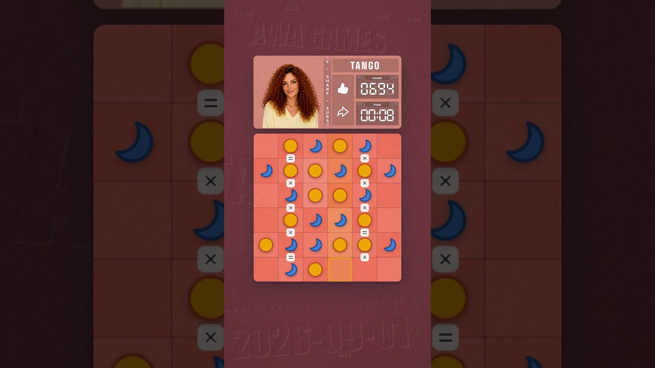 LinkedIn Tango #694 solved board for September 1, 2026, 6x6 grid