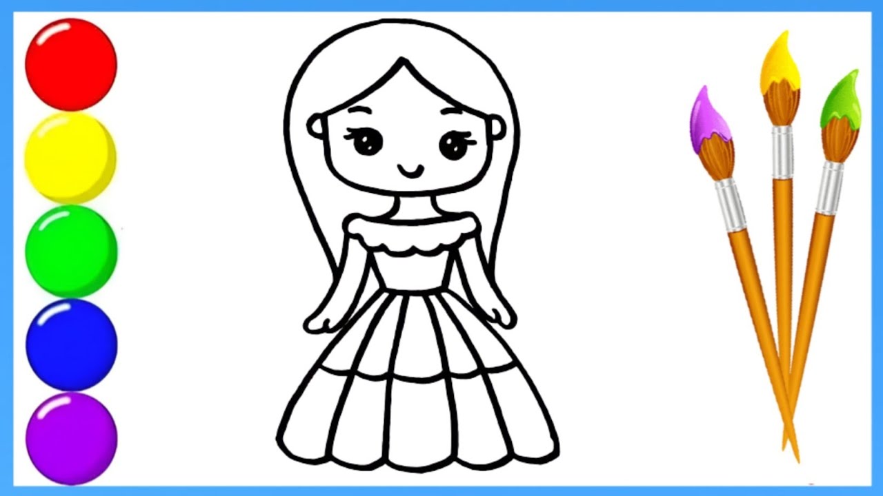 How to draw girl with beautiful Dress || painting and coloring for kids ...