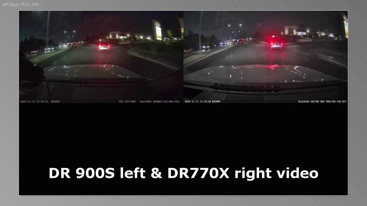 Comparison of BlackVue's new DR770X dashcam vs their older DR900S, night view front facing cameras.
