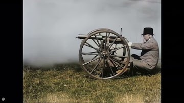 Sir Hiram Maxim  testing his invention, the machine gun, 1897