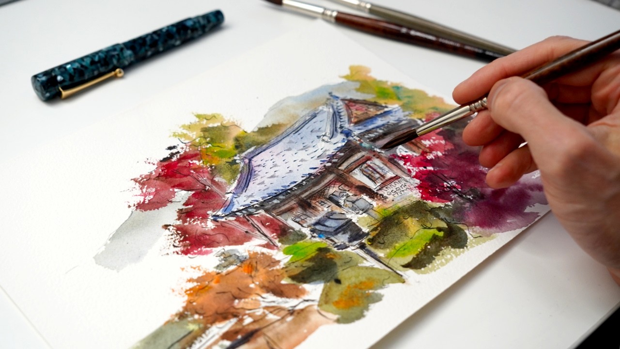 Loose Urban Sketching in Ink & Watercolor - art process - YouTube
