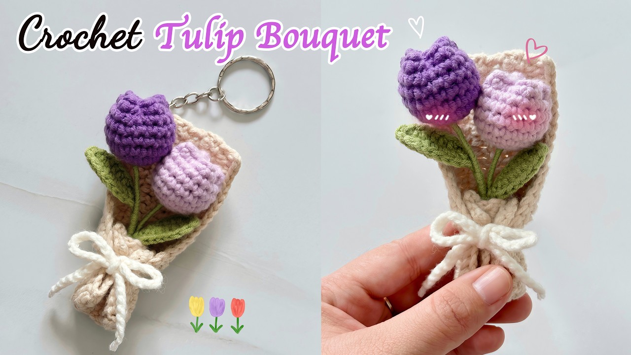 Crochet Mini Flower Bouquet Keychain Tutorial | DIY Tulip Bouquet 🌷 | How to Crochet a Tulip