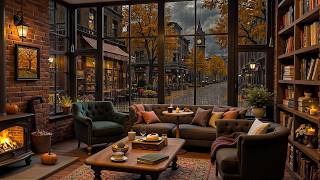 Calm Autumn Jazz Study Music 🌧️ Cozy Rainy Atmosphere with Warm Fireplace for Focus &amp; Work