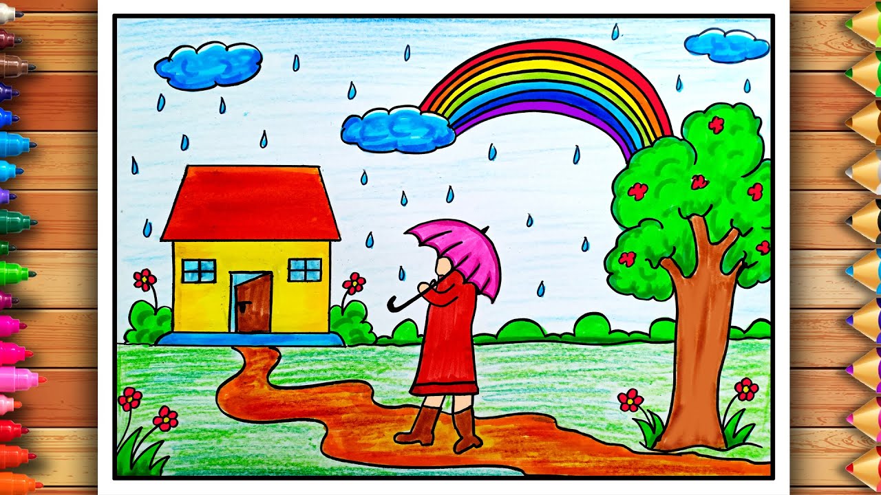 Savan Drawing Easy Raining Easy Rainy Season Drawing | Rainy Day Scenery Easy | Rainy Season ...
