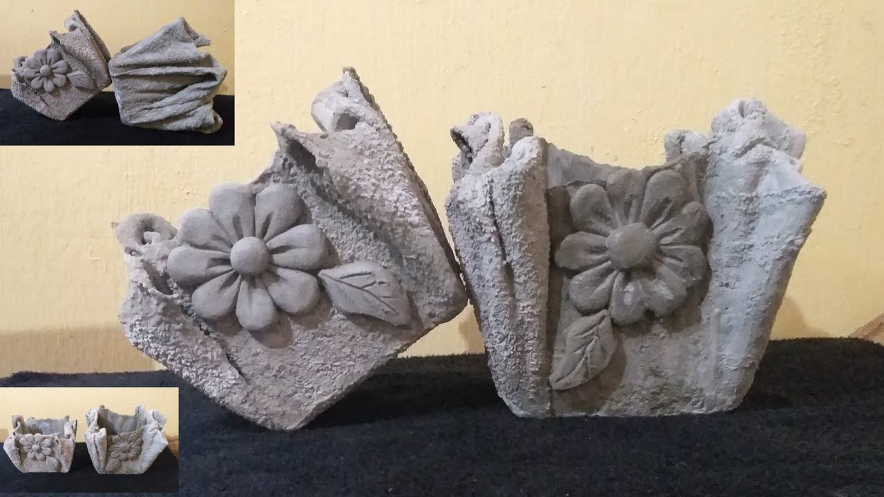 VASO DE TOALHA VELHA  E CIMENTO DECORADO COM FLORES DE CIMENTO