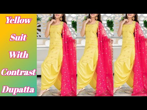 Indo Western Yellow Georgette Palazzo set with Contrast Pink Dupatta -  MemSaheb