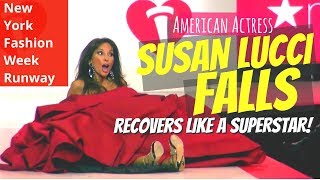American Actress Susan Lucci Falls Down New York Fashion Week Runway.