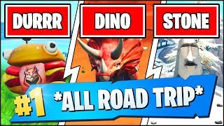 VISIT DRIFT PAINTED DURRR BURGER HEAD, A DINOSAUR, AND A STONE HEAD STATUE (Fortnite SEASON X)