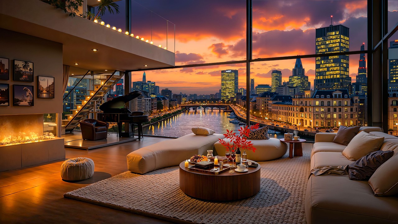 4K Frankfurt Sunset Serenity 🌇 Luxury Apartment with Relaxing Jazz Piano Music for Work, Study