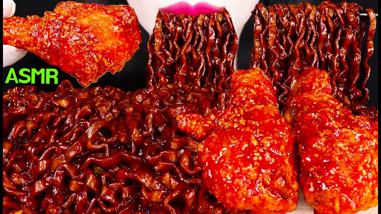 ASMR BLACK BEAN NOODLES + FRIED CHICKEN 시크릿 양념 치킨, 진진짜라 짜장 라면 먹방