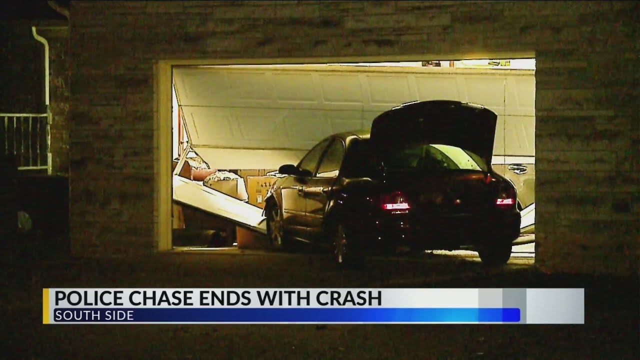 Teen leads police on chase, crashes car into garage - YouTube