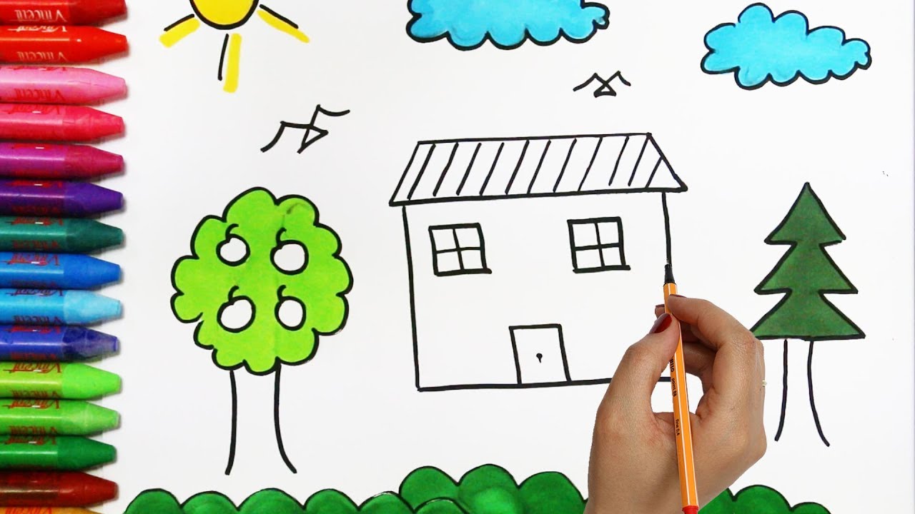 كيفية رسم ولون كيفية رسم منزل وشجرة