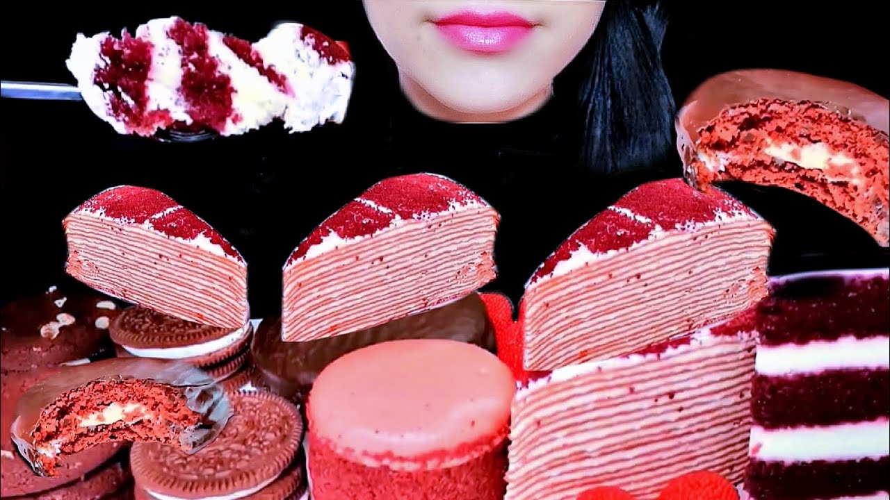 ASMR EATING CAKES- RED VELVET CAKE + OREO, MACARON, COOKIES, Eating ...