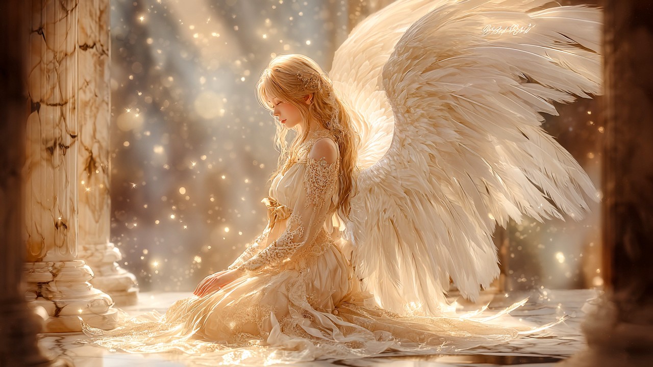 Celestial Peace: An Angel's Quiet Beauty in the Sacred Light of Divine Palaces
