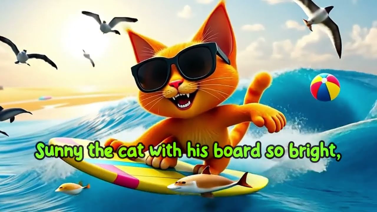 Sunny the Surfing Cat 🌊 | Fun US English Kids Song 🐱🏄‍♂️ | Singalong for Ages 2-5 🎤 | DDOriginals