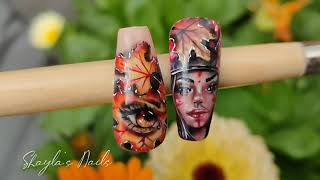 Autumn Nail Art tutorial.  Part 1 - how to draw a native american girl with a maple leaf on a nail.