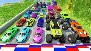 Monster Trucks vs Color Speed Bumps - Cars vs Deep Water vs Giant Pit Potholes | HT Gameplay Crash