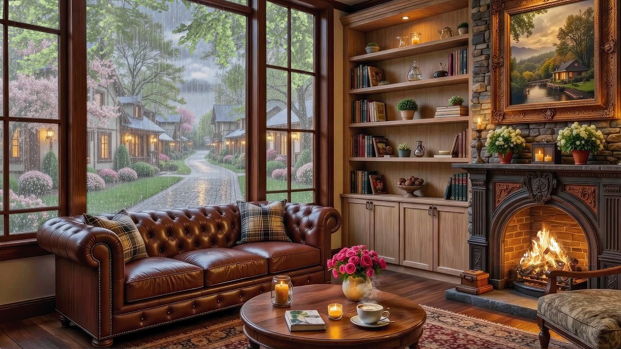 Cozy Spring Rain Coffee Shop ☕ Soft Jazz Piano & Fireplace Sounds for Relax & Work