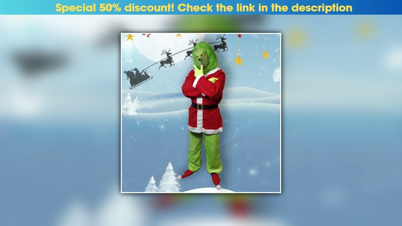 First Look Grinch Cosplay Costumes Anime Green Attire Clothing Santa Cos Halloween Claus Hat Glove•