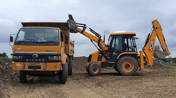 JCB Backhoe Loader Loading Gravel in Dump Truck - JCB Backhoe Machine Working on Sandy Place