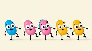 A horizontal row of colorful, bean-shaped cartoon characters (blue, pink, yellow) are dancing A horizontal row of colorful, bean-shaped cartoon characters (blue, pink, yellow) are dancing