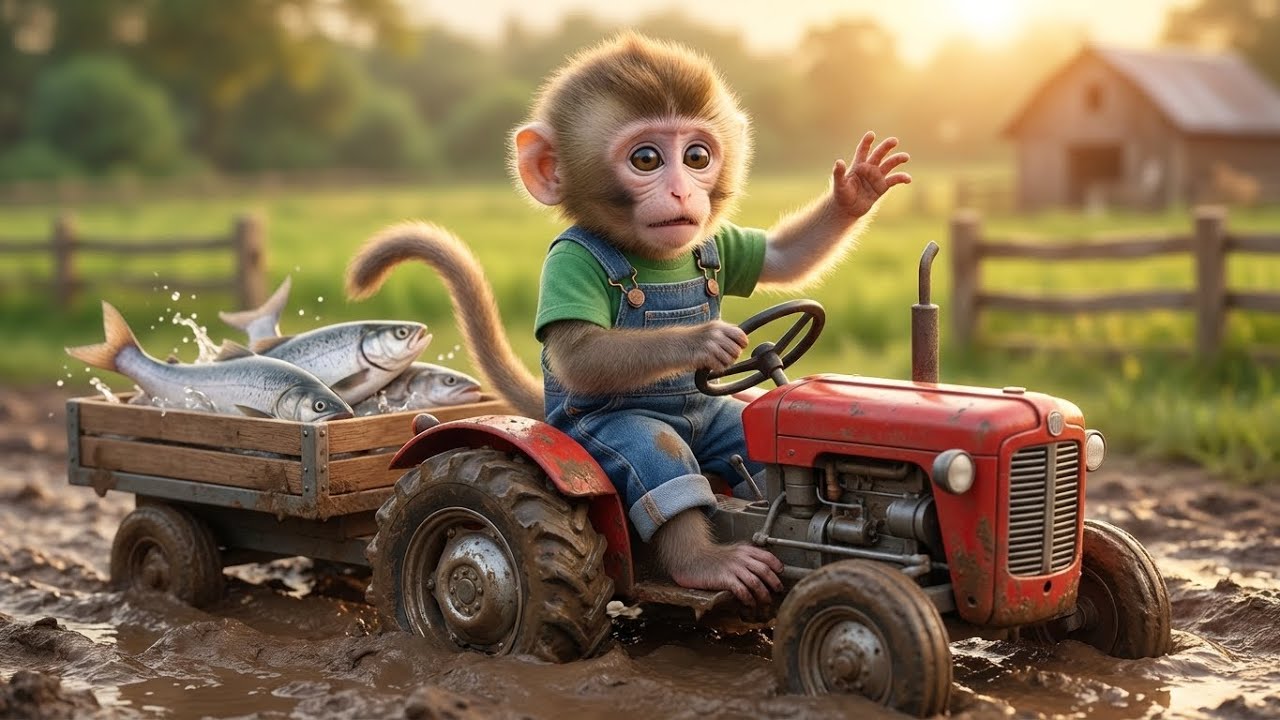 Baby Monkey’s Tractor Stuck in Deep Mud! Can He Save All the Fish? 🐒🚜🐟