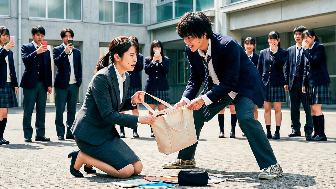 校内の不良グループが若い教師のバッグを奪った──だが中身を見た瞬間、全員の顔色が変わった