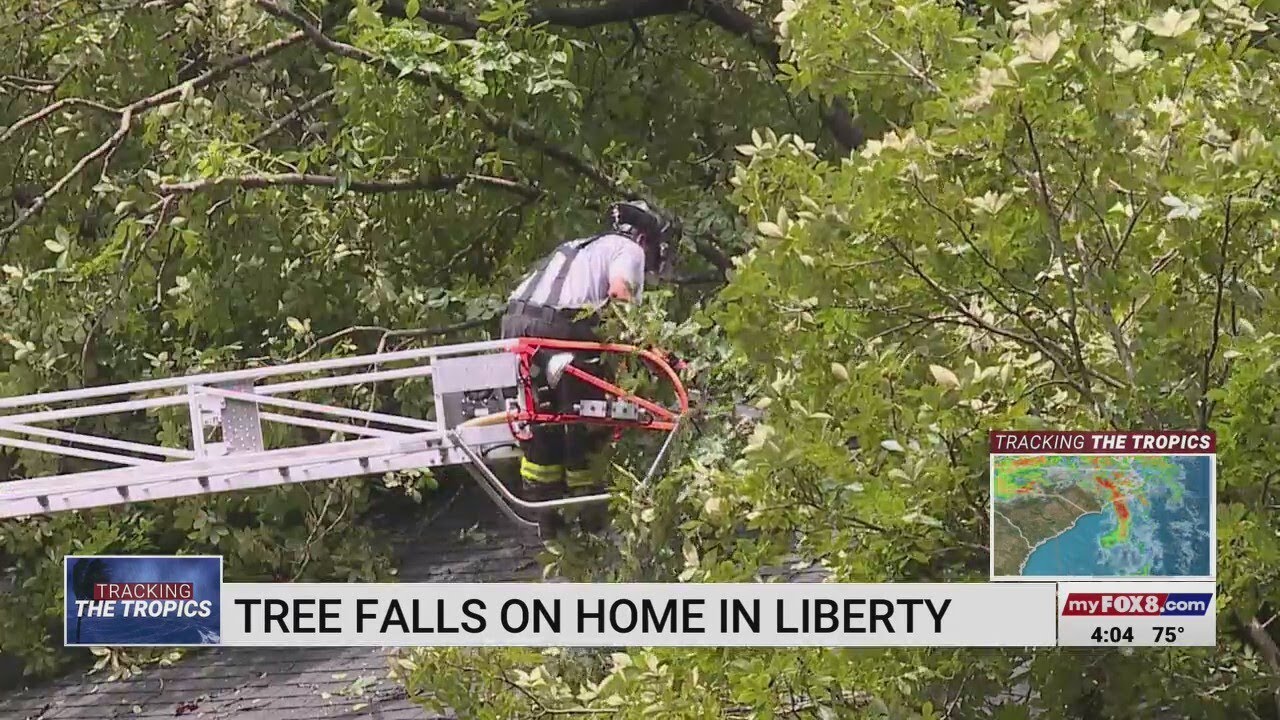 Tree falls on home in Liberty - YouTube