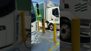Volvo electric trucks lined up at Team Global Express depot in Western Sydney.