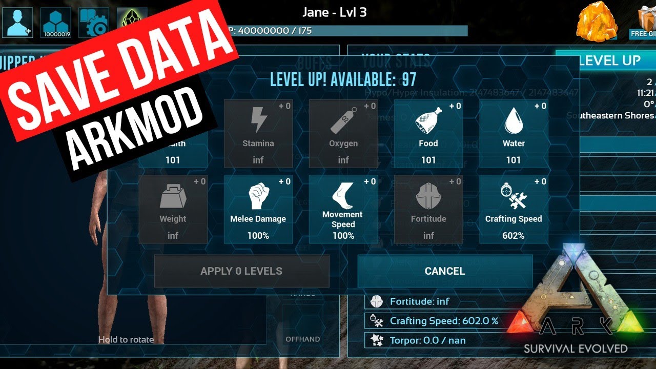 ARK MOBILE SAVE DATA MOD - INF STATS - UNLIMITED GIFTS - YouTube