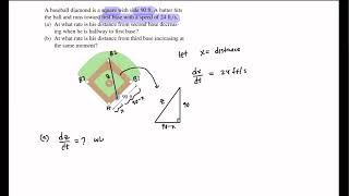 Related Rate Example | A baseball diamond is a square with side 90ft...
