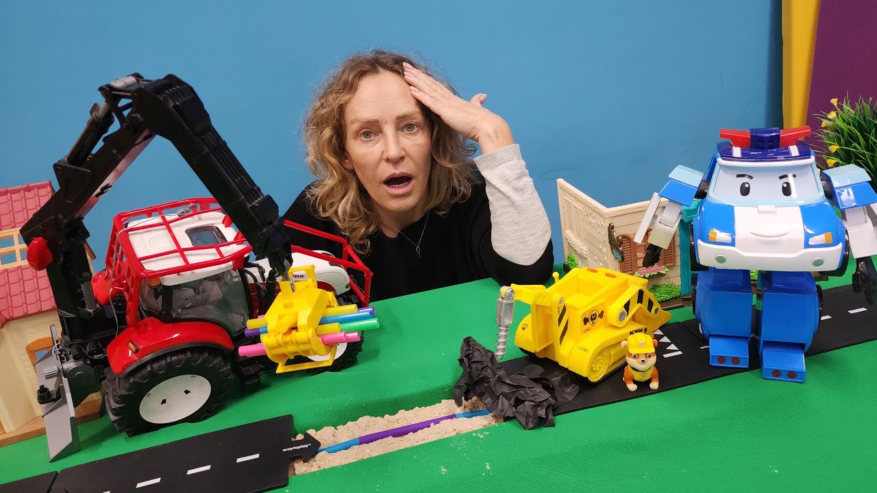 Spielspaß mit Nicole und Robocar Poli - Die Spielzeugautos reparieren einen Rohbruch