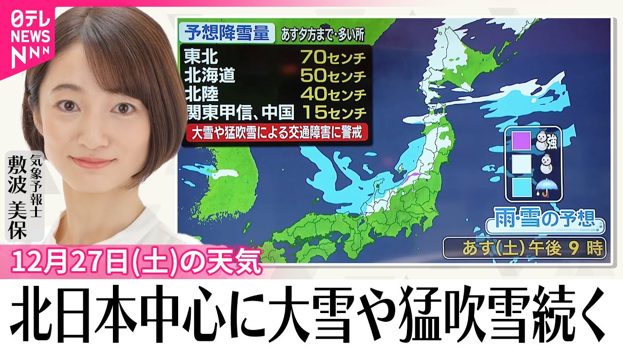 【27日の天気】北日本を中心に大雪や猛吹雪続く  東海や関東は晴れるも寒さ増す