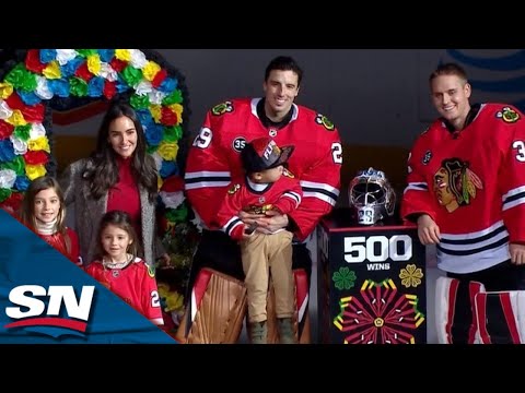 The Chicago Blackhawks celebrated Marc-Andre Fleury's 500 career wins ahead  of tonight's game against the @capitals. 🌸 (📸: @nhlblackhawks)