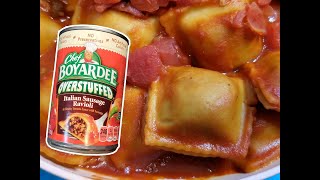 eat Chef Boyardee Overstuffed Ravioli with Diced Tomatoes