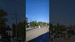 Three directions of the tram tracks crossing in Toruń