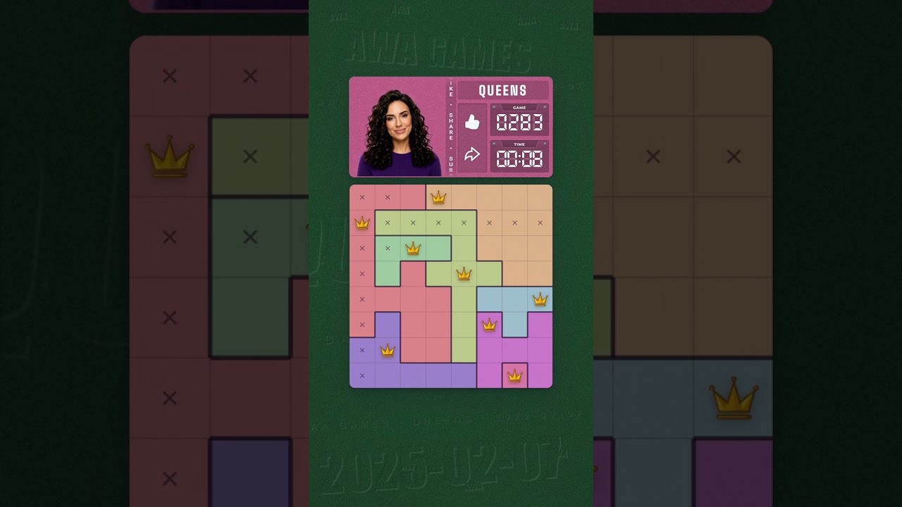 LinkedIn Queens #283 solved board for February 7, 2025, 8x8 grid