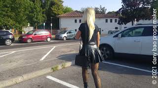 DANA LABO - blonde girl walk in leather mini skirt and leather boots pleaser high heels plateau