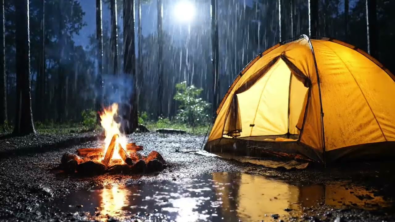 Rainy Night Camping 🌧️🌙 Cozy Campfire & Glowing Tent Ambience (No Music)