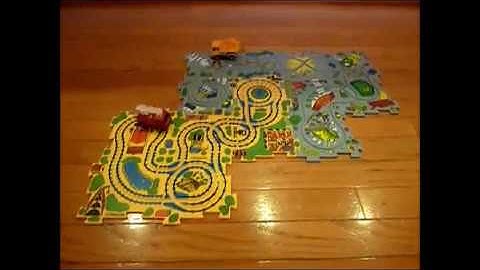 Two trucks chasing each other.