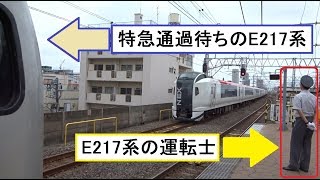 千葉支社管内では通過待ちの列車の運転士が特急列車の走行をホームで見届けている市川駅での総武快速線下りE217系と特急成田エクスプレスE259系