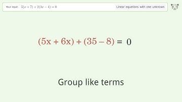 Solve 5(x+7)+2(3x-4)=0: Linear Equation Video Solution | Tiger Algebra