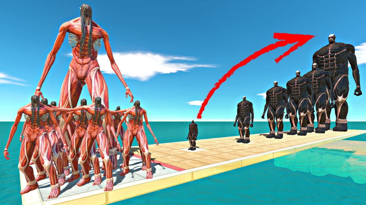 Eren Titan vs 7 Levels of Dirty Colossal Titan - Animal Revolt Battle Simulator