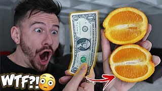 IMPOSSIBLE TRICK - HOW TO CUT AN ORANGE WITH A DOLLAR BILL! *TOP 5 BAR TRICK BETS YOU ALWAYS WIN*