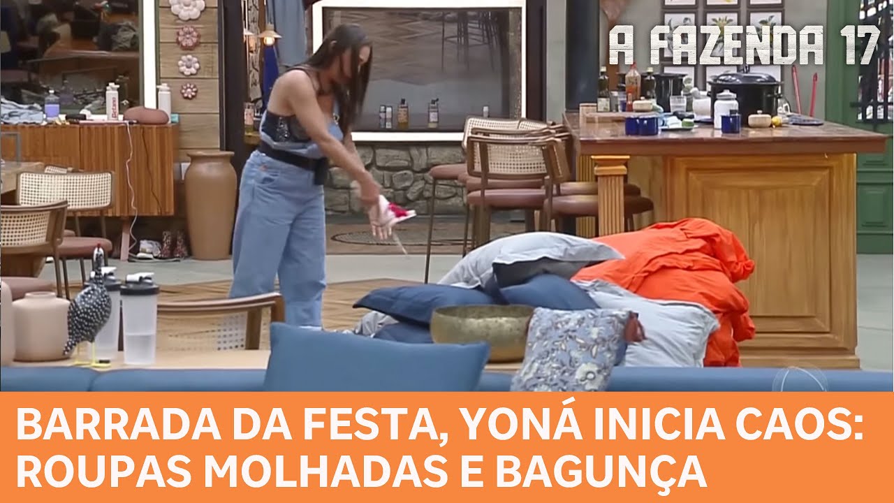 A FAZENDA 17: Yoná aproveita ausência dos peões, molha roupas e bagunça a Sede